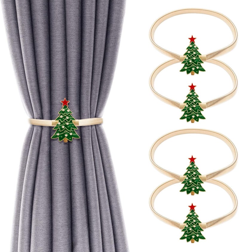 LLPMutu 4 Pack Christmas Curtain Tieback Buckle Aluminum Alloy Spring Design Curtain Holdback Carving Design Christmas Curtain Ties for Drapes Curtain Ties Backs Modern Style Curtain Holdback Decor (Tree) - Image 1